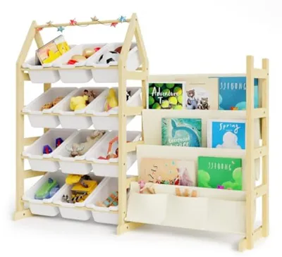 Produktbild von PromoHome® Kinderbücherregal mit 12 Aufbewahrungsboxen – Holzspielzeug-Organizer & Bücherregal fürs Kinderzimmer (122x37x104 cm, Holz)