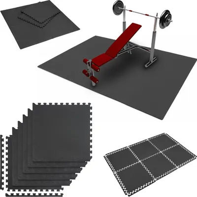 A collage of gym mats and a weight bench with a barbell.