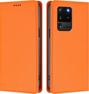 Produktbild von Handyhülle für Samsung Galaxy S20 Ultra 5G, Kunstleder Klapphülle Stoßfeste Magnetische Hülle mit Ständer Orange