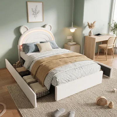 Productafbeelding van Flieks kinderbed 90x200 cm met hoofdeinde in de vorm van een beer, bekleed bed, eenpersoonsbed met bekleding, tienerbed, bed met opbergruimte en 4 lades, fluweel, beige