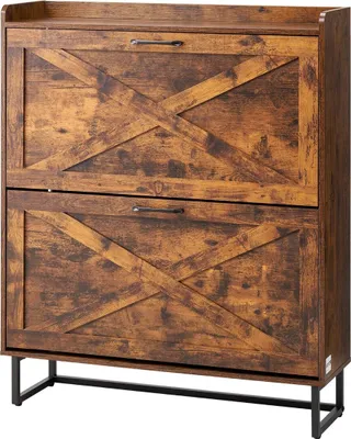 Produktbild von Schuhschrank mit 2 Klappschubladen, Schuhaufbewahrungsschrank im Landhausstil mit Metallbeinen und Kippschutz, freistehender Schuhorganizer, ideal für den Eingangsbereich, Flur, Schlafzimmer, Wohnzimmer, braun