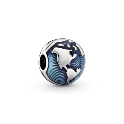 A close-up studio shot of a Pandora clip charm shaped like a globe.