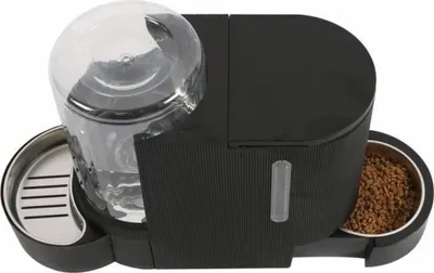 A black automatic pet feeder and water dispenser with a clear water reservoir and a stainless steel food bowl.