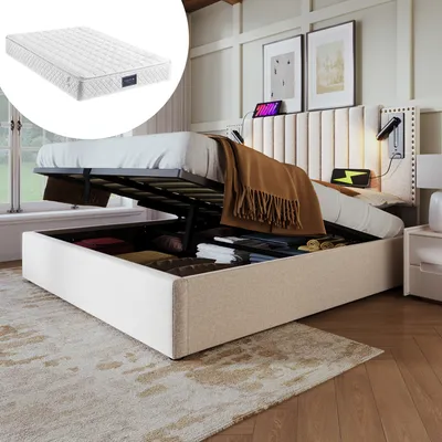 Produktbild von okwish Boxspringbett Polsterbett 160 x 200 cm mit Leselicht mit USB Ladefunktion und Höhenverstellbares Kopfteil(Nietendesign), Hydraulisches Stauraumbett mit Bettkasten Stauraum(Mit Matratze)- Beige
