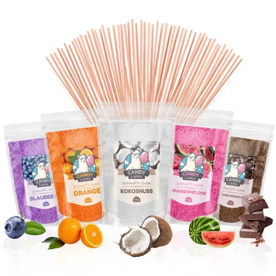Produktbild von Zuckerwatte-Set 5 x 250g: Blaubeere, Orange, Kokosnuss, Wassermelone, Milchschokolade, inkl. 50 Zuckerwattestäbe, 100% vegan, für Zuckerwattemaschine