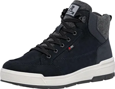A studio shot of a blue high-top sneaker.