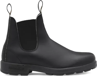 A black Blundstone Chelsea boot is shown against a white background.