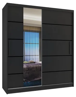 Obrázek produktu pro BELINI Verona MBP, skříň s posuvnými dveřmi, 133 cm, černá matná barva – šatní skříň se zrcadlem a 2 zásuvkami, vhodná do ložnice