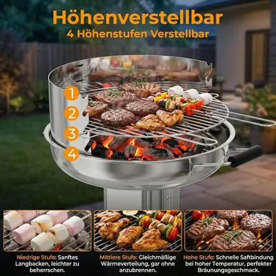 Produktbild von Holzkohlegrill - Säulengrill Trichtergrill - Wetterfest aus Edelstahl - Höhenverstellbarer verchromter Rost - Aschefach - Belüftung - Piezozündung - Grün
