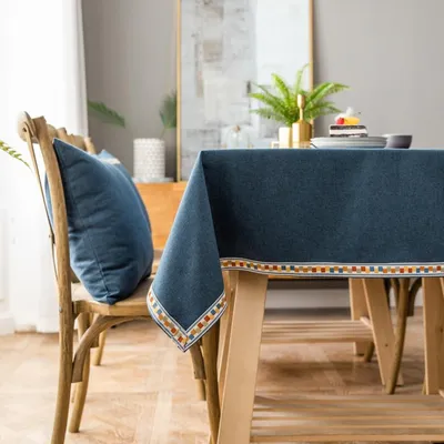 Produktbild von Tischdecke abwaschbar quadratisch 130x130 cm blau Baumwolle Leinen mit Bordüre