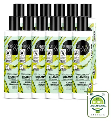 Image de 12 flacons de shampooing bio "Organic Shop" fortifiant, à base d'algues et de citronnelle, 280 ml chacun. Lot de 12