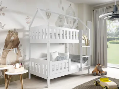 Produktbild von MTJ ZUZIA Kinder Etagen-Hausbett Massivholz Weiß 160x80 cm Skandinavischer Stil mit 2 Matratzenrahmen