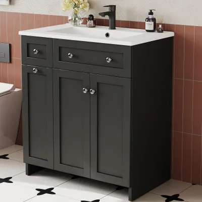 Produktbild von STILVORA Waschtisch freistehend mit Keramikbecken,Badschrank mit 8 Schubladen, Badezimmerwaschbecken-Unterschrank mit Soft-Close-Funktion und leisen Auszügen Schwarz