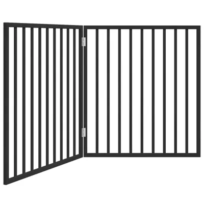 A black, two-panel dog gate is shown against a white background.