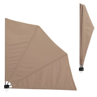 A beige balcony awning is shown from the side and folded.