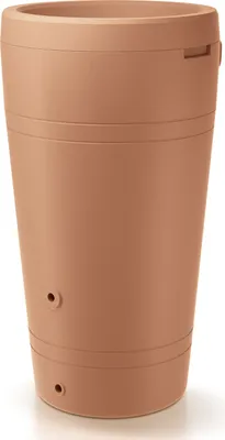 A terracotta rain barrel is shown against a white background.