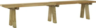 A long wooden bench with four legs, shown from a side angle against a white background.