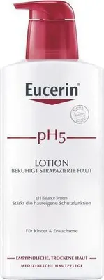 A white bottle of Eucerin pH5 Lotion with a red pump dispenser.
