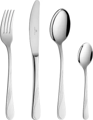 Imagen del producto de Juego de cubiertos Gerlach Celestia para 6 personas. Apto para lavavajillas. Incluye: cubiertos para mesa (cuchillos, tenedores, cucharas), cucharas de café, tenedores para pastel y cucharas para salsas. Acero inoxidable, acabado brillante. 24 piezas