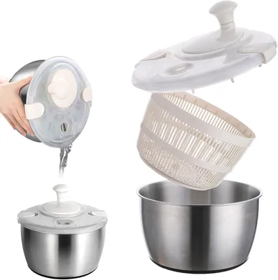 Produktbild von Edelstahl Salattrockner - Kurbelgriff und Verschlussdeckel - multifunktional, 5 Quart, manuell - gute Griffe - Schnellfilter, Salat, Gemüse