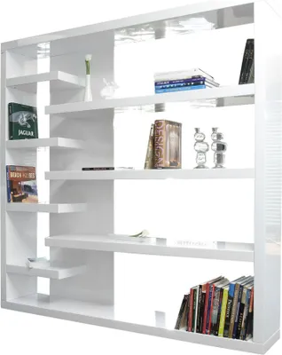A white, modern shelving unit with books and decorative items on its shelves.