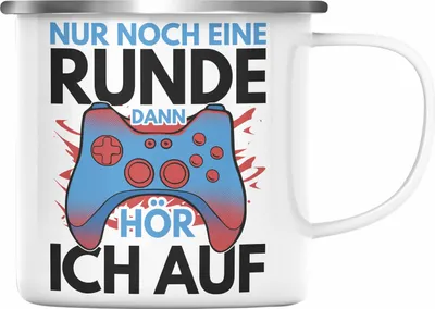 Produktbild von Trendation - Lustige Gamer Emaille Tasse Zocker Geschenk Gamer Gamergirl Geschenkidee Geburtstag Nur Noch Eine Runde (Silber)