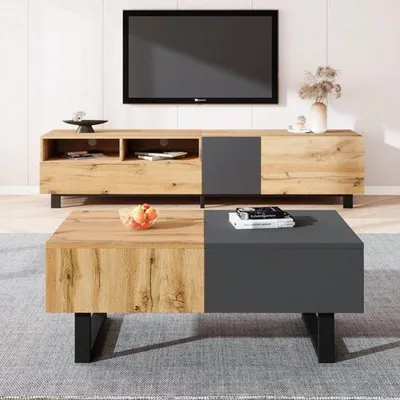 Imagen del producto de Mesa de centro ajustable, marrón y negra. Mesa extensible para sala de estar, fabricada en MDF, con espacio de almacenamiento y diseño moderno
