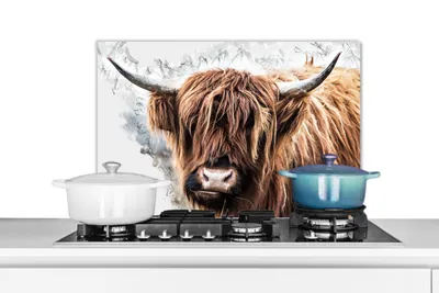 Produktbild von KitchenYeah®  Spritzschutz Küche - Küchenrückwand - Wandschutz für Herd und Spüle - Schottisches Hochlandrind - Tiere - Rauch 70x50 - Alu-Dibond (Alternative zum Spritzschutz aus Glas) - Hitzebeständi