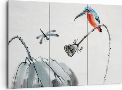 Produktbild von Bild auf Leinwand - Leinwandbild - 3 Teile - Libelle Vogel Blume - 165x110cm - Wand Bild - Wanddeko - Wandbilder - Leinwanddruck - Bilder - Wanddekoration - Leinwand bilder - Wandbild - CE165x110-4361