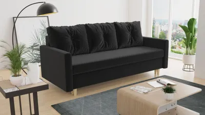 Produktbild von Schlafsofa Rico - Sofa mit Bettkasten, Couch mit Schlaffunktion, Bettfunktion, Bettsofa mit Bonell-Ferderkern, Velours (Schwarz (Kronos 07))