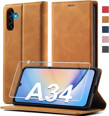 Zdjęcie produktu dla A34 5G Etui skórzane z folią ochronną brązowe