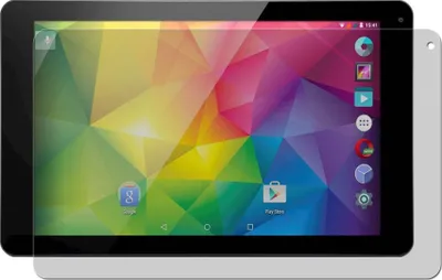 A tablet device with a colorful abstract wallpaper displayed on its screen, shown from a slightly angled front view.