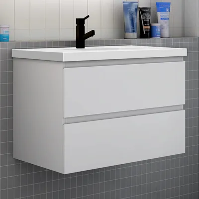 Produktbild von Badezimmermöbel 80cm CINIC-Serie Mineralguss Waschtisch mit Unterschrank Hängeschrank Badezimmerschränke mit 2 Schubladen Weiß Matt