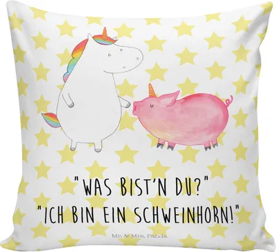 Produktbild von Mr. & Mrs. Panda Sofakissen 40x40 Einhorn Schwein - Weiß - Geschenk, Einhörner, Schweinchen, kuschelkissen, Unicorn, Deko Kissen, Dekokissen, bedruckt, Polster, Freundin