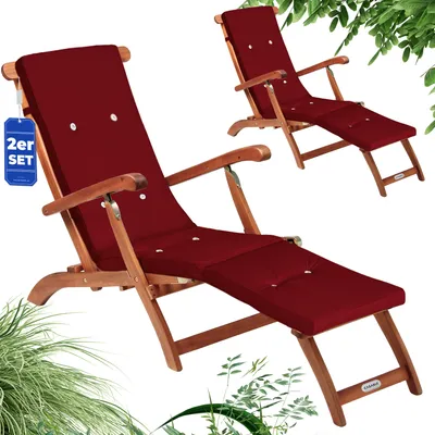 Produktbild von CASARIA® 2x Sonnenliege Klappbar Holz inkl. Auflage Rot Wetterfest 160kg Belastbar Akazie Rückenlehne Verstellbar FSC®-zertifiziert Balkon Garten Liege 169x54cm