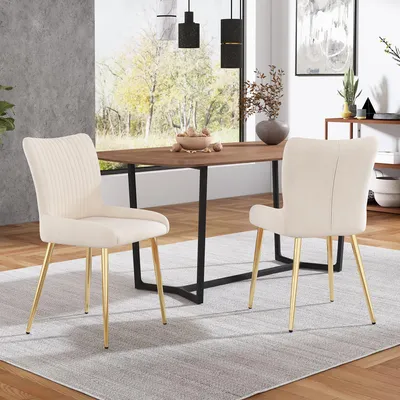 Produktbild von Esszimmerstuhl Samt 2er Set Goldene Metallbeine Lendenwirbelstütze Beige