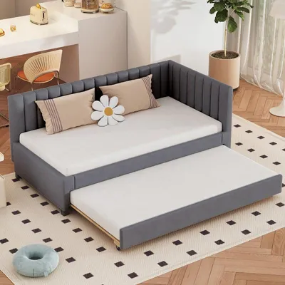 Zdjęcie produktu dla Łóżko tapicerowane 90x200, rozkładana sofa z pojemnikiem na pościel i sprężynowym materacem, obita szarym materiałem welurowym. Sofa dzienna z możliwością rozłożenia i zagłówkiem, idealna do pokoju młodzieżowego lub gościnnego