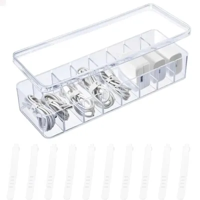 Produktbild von Kabelbox Schreibtisch - Kabel Organizer - Kabelmanagement Box - transparente Aufbewahrungsbox mit 10 Kabelbindern - für Ladekabel, Netzteile
