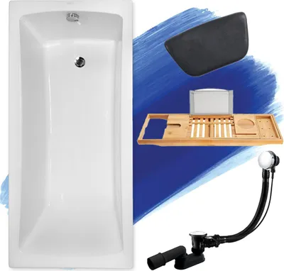 Produktbild von BADLAND Badewanne Rechteck Optimaz 150x70 mit Ablaufgarnitur und Füßen GRATIS ohne Verkleidung + Bambus Ablage + Badewannenkissen | BADLAND OPTIMAZ