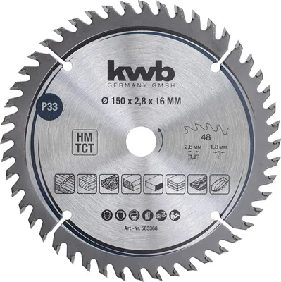 Produktbild von kwb Kreissägeblatt 150 x 16 mm - Sehr feiner Schnitt - Für Arbeitsplatten, Holz und beschichtete Platten - Hartmetallbestückt
