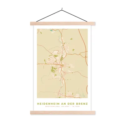Produktbild von MuchoWow® Textilposter Heidenheim an der Brenz - Stadtplan - Vintage - Karte 60x90 cm mit holzfarbenen Rahmen - Textil