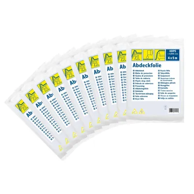 A fan of white plastic sheeting rolls with yellow and blue branding.