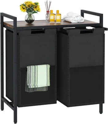 Wäschesortierer, 2 Fächer, 2x56L, Metallrahmen, 69,5x35x55cm, Schwarz