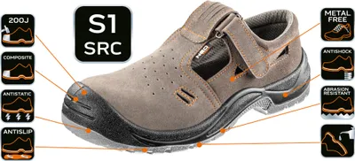 Produktbild von NEO TOOLS Herren Sicherheitssandalen der Klasse S1 SRC, aus Leder 36 EU | Verstärkte Arbeitsschuhe, rutschfeste, antistatische Sohle aus Kunststoff, stoßfeste Ferse, Komposit-Zehenschutzkappe
