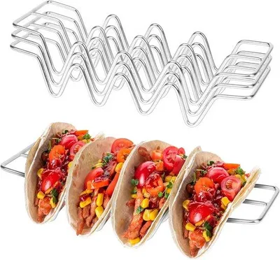 Imagen del producto de Juego de tres soportes para tacos de acero inoxidable, ideal para hasta 4 tacos por plato, resistente al calor de la parrilla, al horno y apto para lavavajillas.