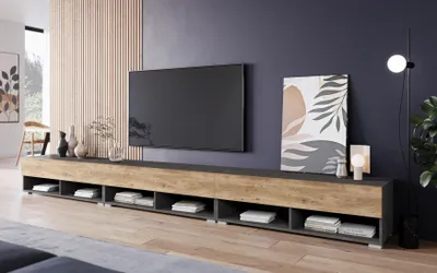 Image de MINIO go for it, meuble TV « ANNE », 300 cm, sans éclairage LED, couleur Graphite Matera / Châtaigne Breslau