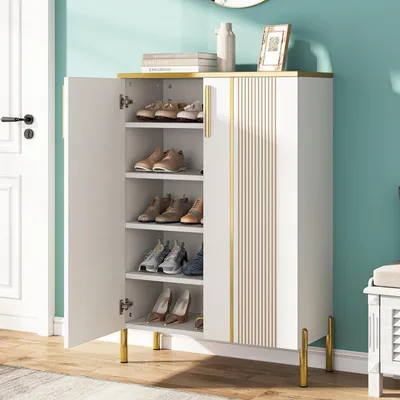 Zdjęcie produktu dla Szafka na buty z drzwiczkami, 6-poziomowa, z regulowanymi półkami, kolor biały/złoty, wymiary: 75x37x110 cm