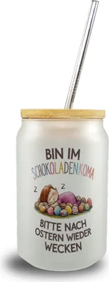 Produktbild von Schokoladenkoma Trinkglas mit Bambusdeckel Kind auf Schokoladeneiern