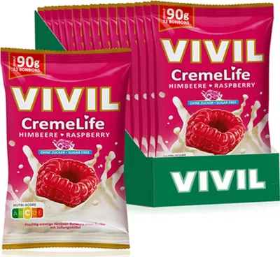 A display of VIVIL CremeLife raspberry flavored sugar-free bonbons.