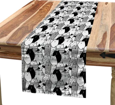 Produktbild von ABAKUHAUS Katze Tischläufer, Einfarbiges Muster mit Hand gezeichneten Art-Tiercharakteren unterschiedliches nettes Maskottchen, 40 x 180 cm, Weiß Schwarz